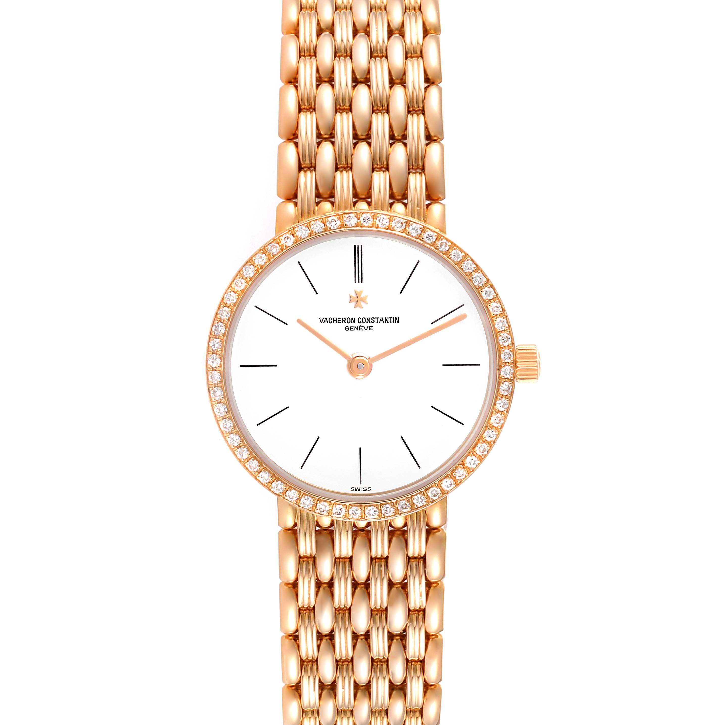 The image shows a front view of the Vacheron Constantin Traditionnelle 27593 Women's Rose Gold White Dial 27593 Women's Rose Gold White Dial watch, highlighting its face, bezel, and bracelet.