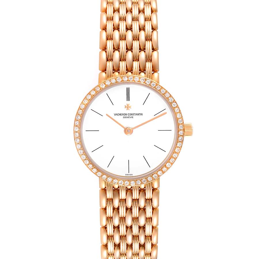 The image shows a front view of the Vacheron Constantin Traditionnelle 27593 Women's Rose Gold White Dial 27593 Women's Rose Gold White Dial watch, highlighting its face, bezel, and bracelet.