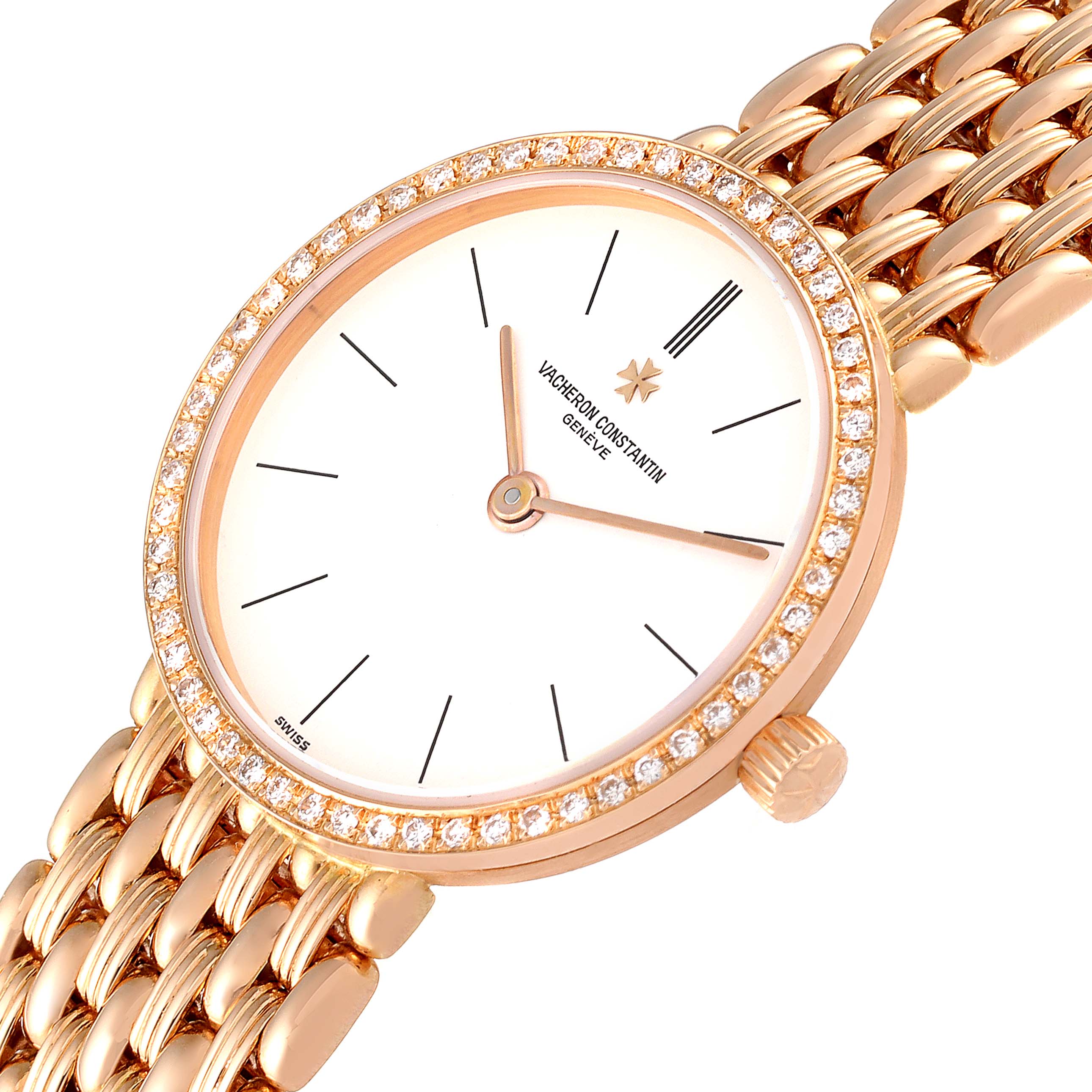 The image shows a close-up view of the Vacheron Constantin Traditionnelle 27593 Women's Rose Gold White Dial 27593 Women's Rose Gold White Dial watch, highlighting its dial, bezel, and bracelet.
