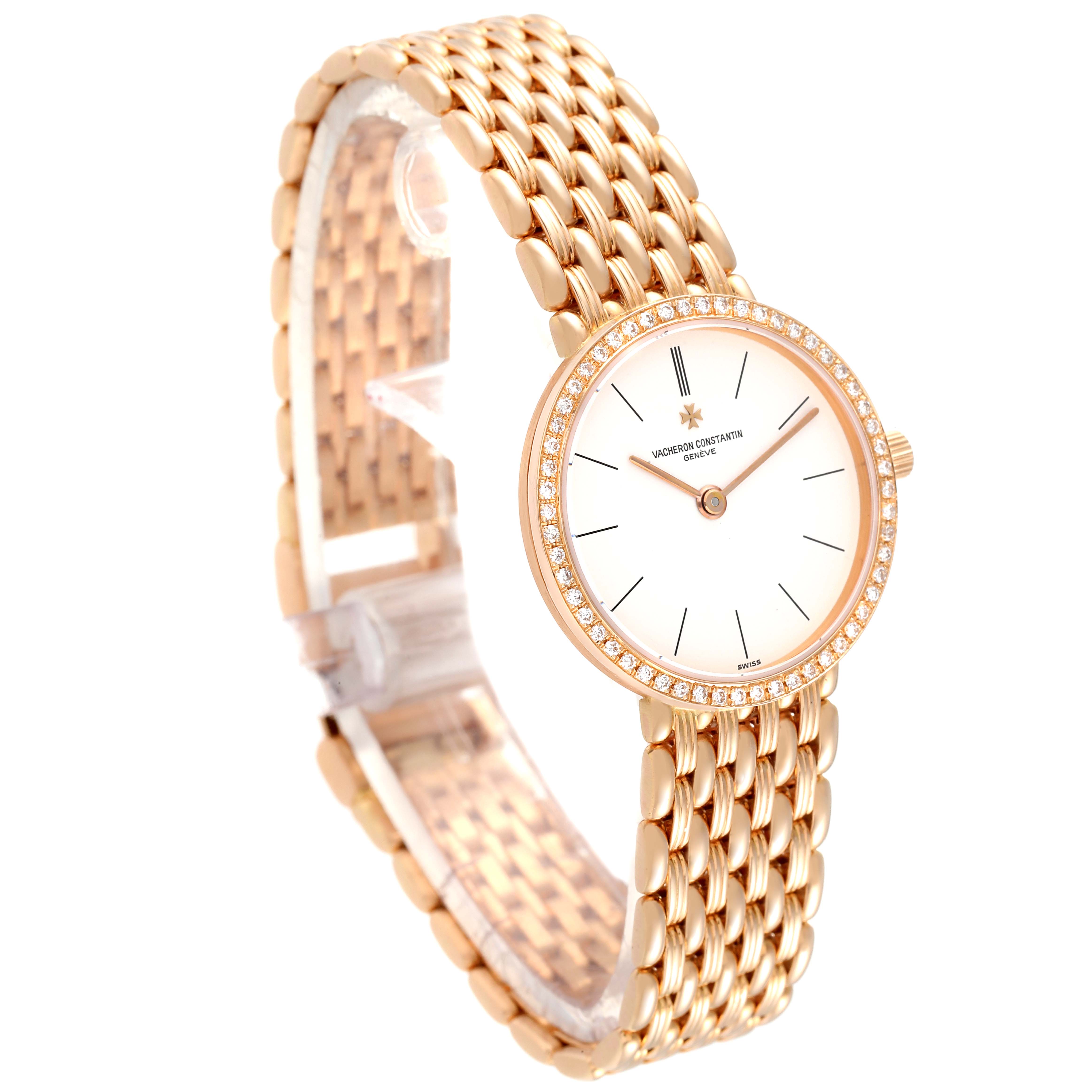 The image shows a Vacheron Constantin Traditionnelle 27593 Women's Rose Gold White Dial 27593 Women's Rose Gold White Dial watch from a slight angle, highlighting the face, bezel, and bracelet.