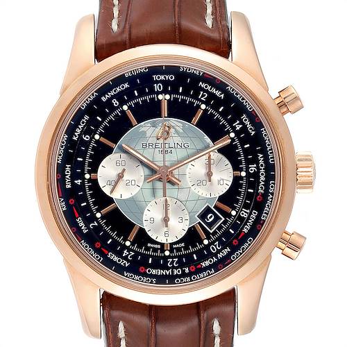 This image shows a close-up of the Breitling Transocean RB0510U4-BB63BKLD Men's Rose Gold Black Dial RB0510U4-BB63BKLD Men's Rose Gold Black Dial watch face, displaying its dial, chronographs, and part of its brown leather strap.