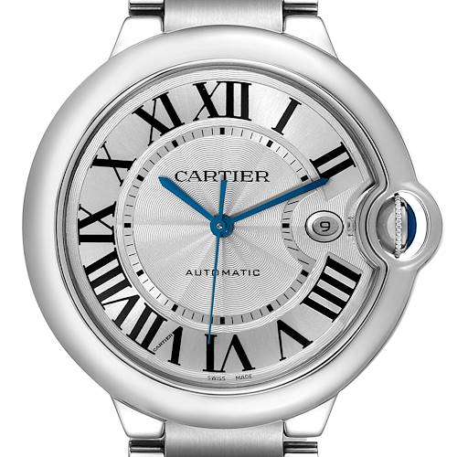 This is a close-up image of the dial and bezel of the Cartier Ballon Bleu W69012Z4 Men's Stainless Steel Silver Dial W69012Z4 Men's Stainless Steel Silver Dial watch, displaying the Roman numerals and blue hands.
