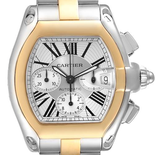 The Cartier Roadster W62027Z1 Men's Steel and Gold (two tone) Silver Dial W62027Z1 Men's Steel and Gold (two tone) Silver Dial watch image shows the dial, crown, sub-dials, and part of the bracelet from a front-facing angle.
