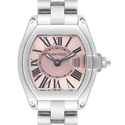 This image shows a close-up, front-facing view of the Cartier Roadster W62017V3 Women's Stainless Steel Pink Dial W62017V3 Women's Stainless Steel Pink Dial watch highlighting its dial, hands, and bracelet.