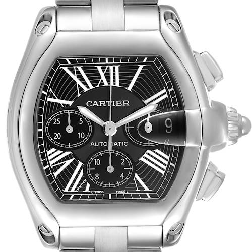 The Cartier Roadster W62020X6 Men's Stainless Steel Black Dial W62020X6 Men's Stainless Steel Black Dial watch is shown from a frontal angle, displaying its dial, case, and part of the bracelet.