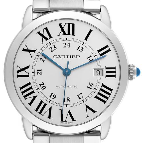 The Cartier Ronde W6701011 Men's Stainless Steel Silver Dial W6701011 Men's Stainless Steel Silver Dial watch is shown from a top-down angle, highlighting the dial, Roman numerals, date window, and crown.
