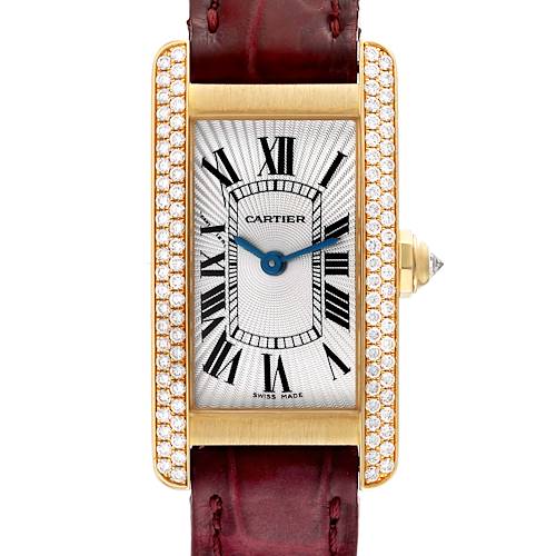 The image shows the front view of a Cartier Tank Americaine WB701251 Women's Yellow Gold Silver Dial WB701251 Women's Yellow Gold Silver Dial watch, highlighting the diamond-set bezel, dial, and leather strap.