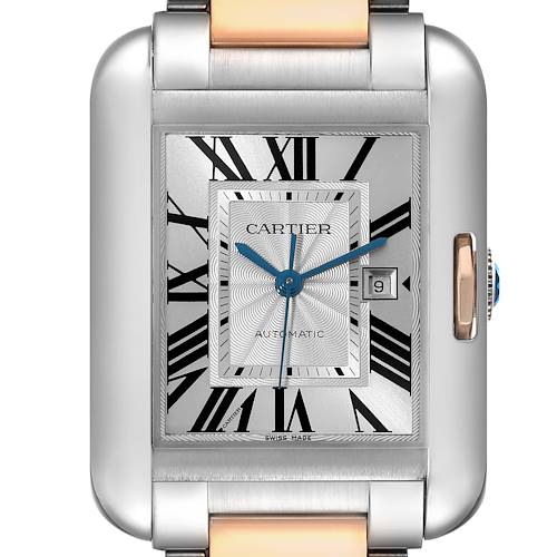 This is a close-up of the dial and case of the Cartier Tank Anglaise W5310037 Men's Steel and Gold (two tone) Silver Dial W5310037 Men's Steel and Gold (two tone) Silver Dial watch, showing the time, date, and part of the strap.