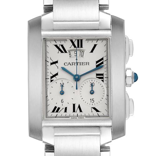 The image shows a frontal view of a Cartier Tank Française watch, highlighting its face, Roman numerals, subdials, and metal bracelet.