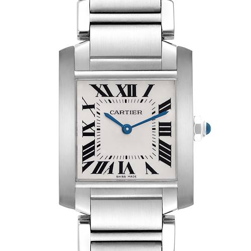 The Cartier Tank Francaise W51003Q3 Women's Stainless Steel Silver Dial W51003Q3 Women's Stainless Steel Silver Dial watch is shown from the front, displaying the dial, case, and part of the bracelet.