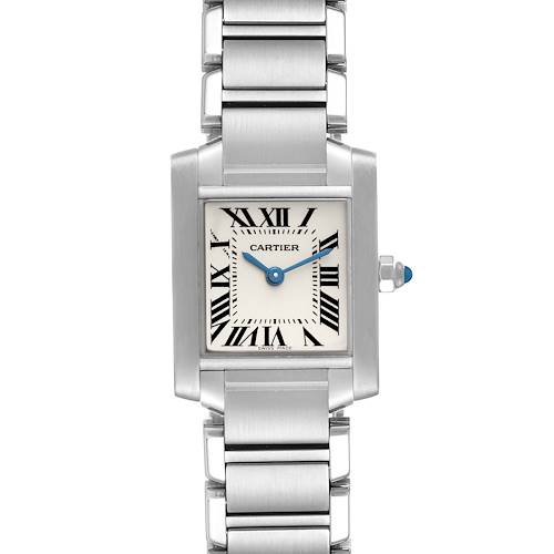 The image shows a frontal view of a Cartier Tank Francaise W51008Q3 Women's Stainless Steel Silver Dial W51008Q3 Women's Stainless Steel Silver Dial watch, featuring its rectangular face and metal bracelet.