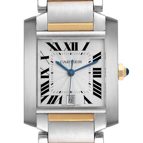 The Cartier Tank Française watch is shown from a front angle, highlighting the dial, case, and part of the bracelet.