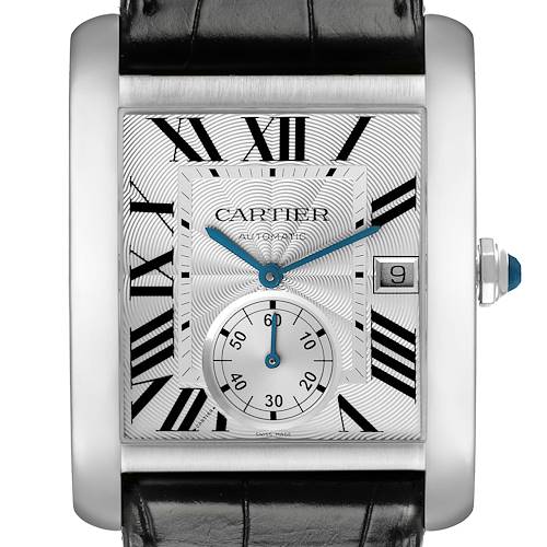 The Cartier Tank MC W5330003 Men's Stainless Steel Silver Dial W5330003 Men's Stainless Steel Silver Dial watch is shown from a front angle, displaying the face, Roman numerals, subdial, and date window.