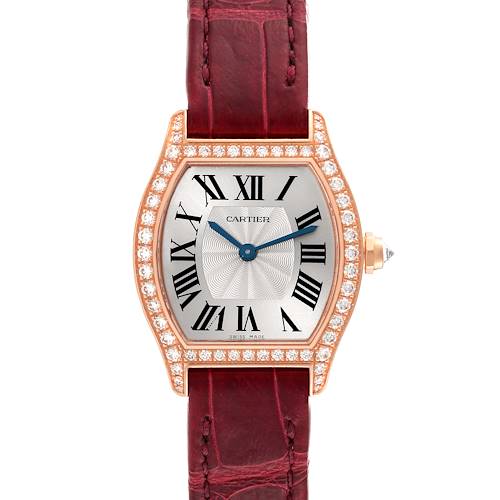 The image shows a Cartier Tortue WA501010 Women's Rose Gold Silver Dial WA501010 Women's Rose Gold Silver Dial watch from a front angle, featuring a diamond-set bezel and a leather strap.