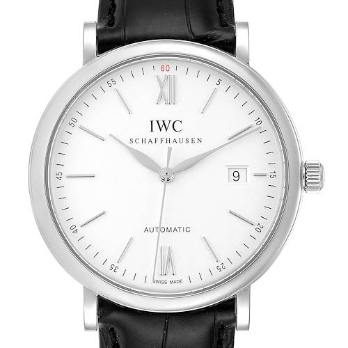 The image shows a front view of the IWC Portofino IW356501 Men's Stainless Steel Silver Dial IW356501 Men's Stainless Steel Silver Dial watch, highlighting its dial, hands, crown, and leather strap.
