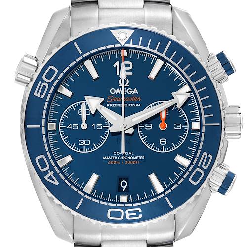 The image shows a front view of the Omega Planet Ocean 215.30.46.51.03.001 Men's Stainless Steel Blue Dial 215.30.46.51.03.001 Men's Stainless Steel Blue Dial Seamaster watch displaying its dial, bezel, and crown.