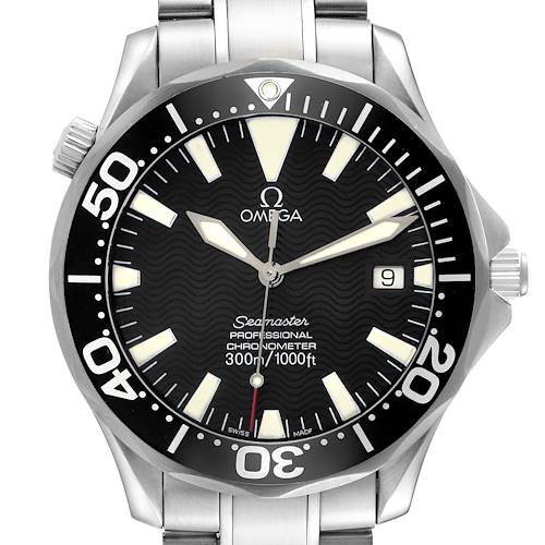 The Omega Seamaster 2254.50.00 Men's Stainless Steel Black Dial 2254.50.00 Men's Stainless Steel Black Dial watch is shown from the front, highlighting the dial, bezel, and part of the bracelet.