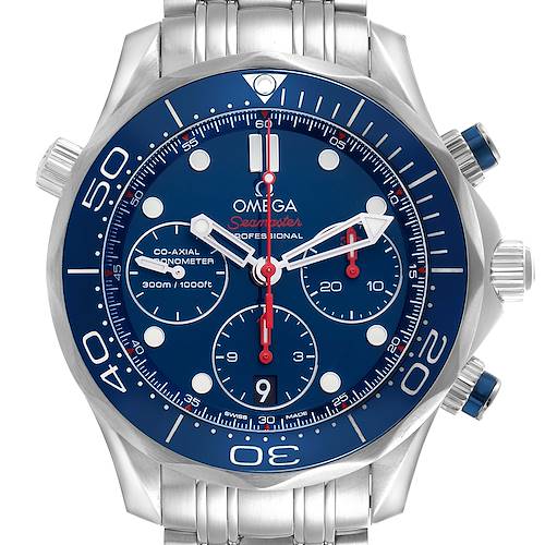 The Omega Seamaster 212.30.42.50.03.001 Men's Stainless Steel Blue Dial 212.30.42.50.03.001 Men's Stainless Steel Blue Dial watch is shown from a front angle, displaying the dial, bezel, and partial bracelet.