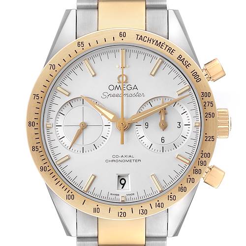 The Omega Speedmaster 331.20.42.51.02.001 Men's Steel and Gold (two tone) Silver Dial 331.20.42.51.02.001 Men's Steel and Gold (two tone) Silver Dial is shown from the front, highlighting its gold bezel, sub-dials, and tachymeter scale.
