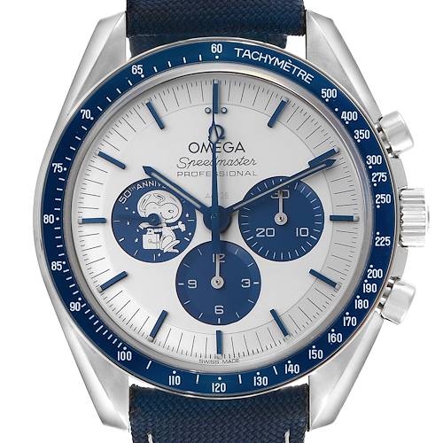 The Omega Speedmaster 310.32.42.50.02.001 Men's Stainless Steel Silver Dial 310.32.42.50.02.001 Men's Stainless Steel Silver Dial watch is shown from the front, highlighting the dial, bezel, and crown.