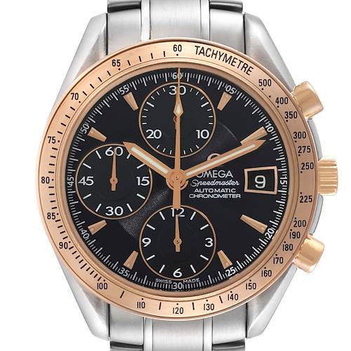 The Omega Speedmaster 323.21.40.40.01.001 Men's Steel and Gold (two tone) Black Dial 323.21.40.40.01.001 Men's Steel and Gold (two tone) Black Dial watch is shown from a front angle, highlighting the dial, bezel, and chronograph subdials.