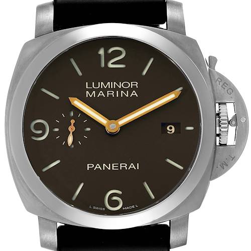 The image shows a front view of the Panerai Luminor PAM00351 Men's Titanium Brown Dial PAM00351 Men's Titanium Brown Dial Marina watch, highlighting the dial, hands, crown guard, and date display.