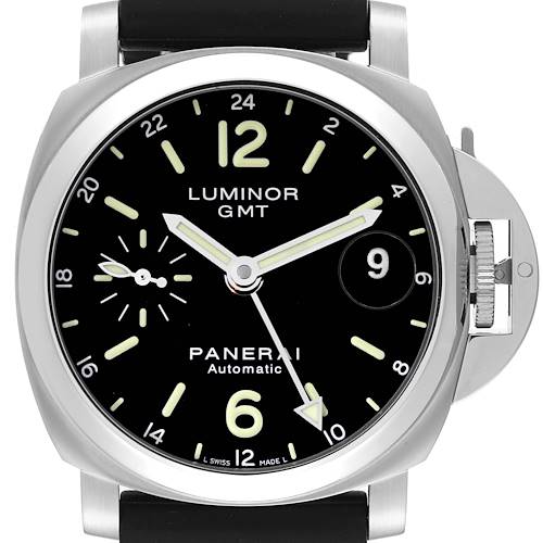 This image shows a Panerai Luminor PAM00244 Men's Stainless Steel Black Dial PAM00244 Men's Stainless Steel Black Dial GMT watch from the front, highlighting its dial, hour markers, hands, and date window.