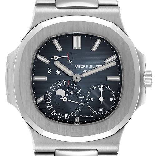 The Patek Philippe Nautilus 5712/1A-001 Men's Stainless Steel Blue Dial 5712/1A-001 Men's Stainless Steel Blue Dial watch is shown from a front angle, highlighting its dial, hands, and subdials.