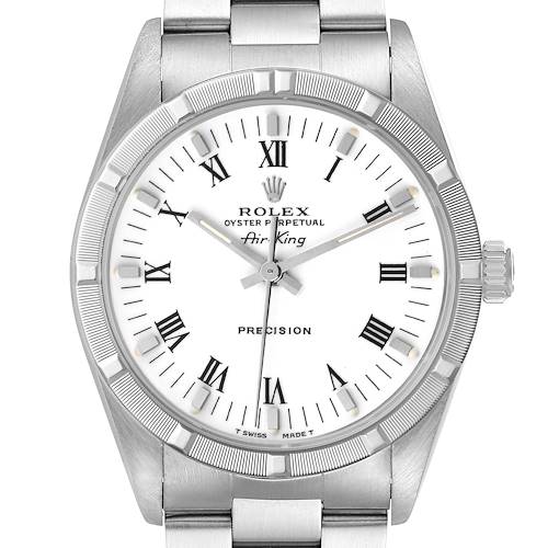 The Rolex Air-King 14010 Men's Stainless Steel White Dial 14010 Men's Stainless Steel White Dial watch is shown from a front angle, displaying its face, bezel, crown, and bracelet top.