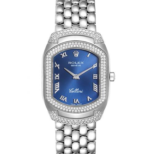 The image shows a front view of a Rolex Cellini 6693 Women's White Gold Blue Dial 6693 Women's White Gold Blue Dial watch, highlighting its blue dial, bricked bracelet, and diamond-studded bezel.