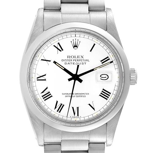 The image shows a front view of the Rolex Vintage Collection 16000 Men's Stainless Steel White Dial 16000 Men's Stainless Steel White Dial Datejust watch, highlighting the face, bezel, and part of the bracelet.