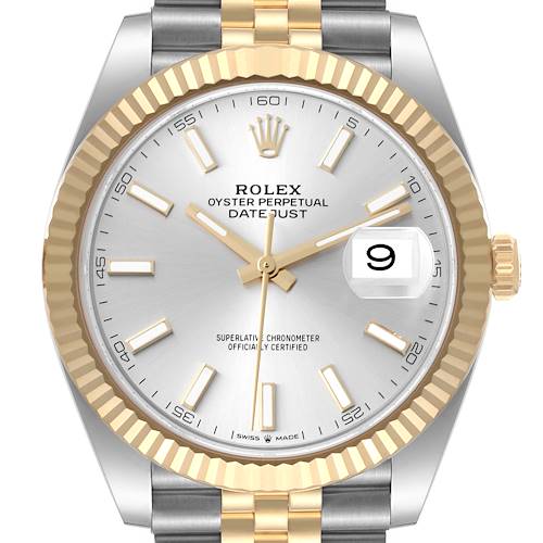 This image shows a front view of the Rolex Datejust 41 126333 Men's Steel and Gold (two tone) Silver Dial 126333 Men's Steel and Gold (two tone) Silver Dial watch, displaying its bezel, dial, hands, and date window.