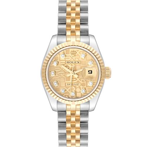 This image shows a front view of a Rolex Datejust 179173 Women's Steel and Gold (two tone) Champagne Dial 179173 Women's Steel and Gold (two tone) Champagne Dial watch, featuring a two-tone bracelet and a gold dial with diamond hour markers.
