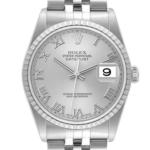 The image shows the front view of a Rolex Datejust 16220 Men's Stainless Steel Silver Dial 16220 Men's Stainless Steel Silver Dial watch, highlighting its dial, hands, Roman numerals, date window, and fluted bezel.