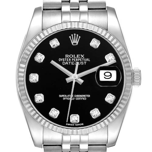 The Rolex Datejust 116234 Men's Stainless Steel Black Dial 116234 Men's Stainless Steel Black Dial watch is shown from a front angle, featuring the dial, bezel, crown, and bracelet links.
