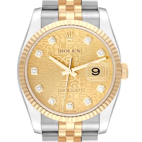 The image shows a front view of a Rolex Datejust 116233 Men's Steel and Gold (two tone) Champagne Dial 116233 Men's Steel and Gold (two tone) Champagne Dial watch including its two-tone band, gold dial, fluted bezel, and date display.