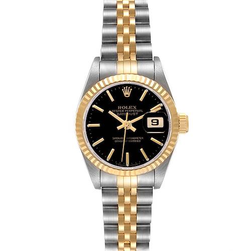 The Rolex Datejust 69173 Women's Steel and Gold (two tone) Black Dial 69173 Women's Steel and Gold (two tone) Black Dial watch is shown from the front, displaying the face, fluted bezel, and two-tone bracelet.