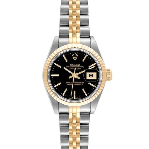 This image shows a Rolex Datejust 79173 Women's Steel and Gold (two tone) Black Dial 79173 Women's Steel and Gold (two tone) Black Dial watch from a front view, highlighting the two-tone bracelet, black dial, and date window at 3 o'clock.