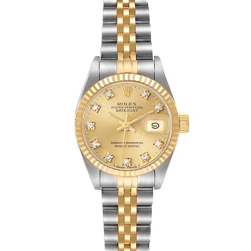 The Rolex Datejust 69173 Women's Steel and Gold (two tone) Champagne Dial 69173 Women's Steel and Gold (two tone) Champagne Dial watch is shown from a top-down angle, featuring the dial, bezel, crown, and bracelet.
