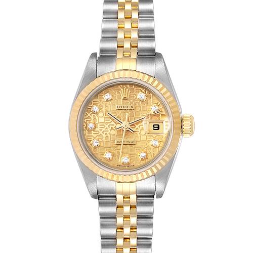 The Rolex Datejust 79173 Women's Steel and Gold (two tone) Champagne Dial 79173 Women's Steel and Gold (two tone) Champagne Dial watch is shown from a front angle, displaying its gold dial, two-tone bracelet, and date window.