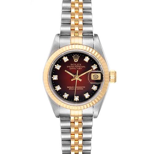 The image shows a front view of a Rolex Datejust 69173 Women's Steel and Gold (two tone) Red Dial 69173 Women's Steel and Gold (two tone) Red Dial watch, highlighting its dial, bezel, and two-tone bracelet.
