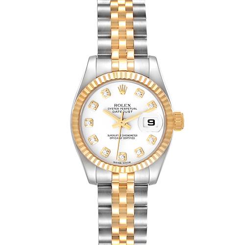 This image shows a front view of a Rolex Datejust 179173 Women's Steel and Gold (two tone) White Dial 179173 Women's Steel and Gold (two tone) White Dial watch, displaying the dial, bezel, and part of the bracelet.