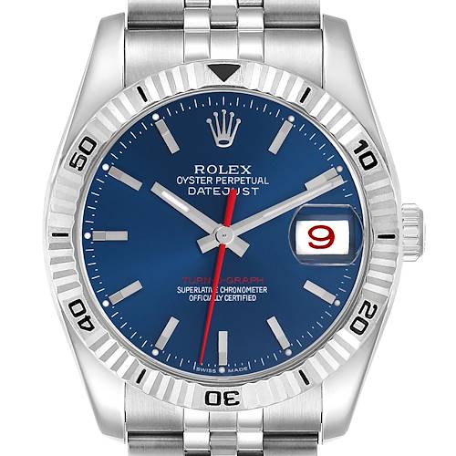 The image shows a Rolex Turn-o-Graph 116264 Men's Stainless Steel Blue Dial 116264 Men's Stainless Steel Blue Dial watch from a front angle, highlighting the blue dial, bezel, and bracelet.