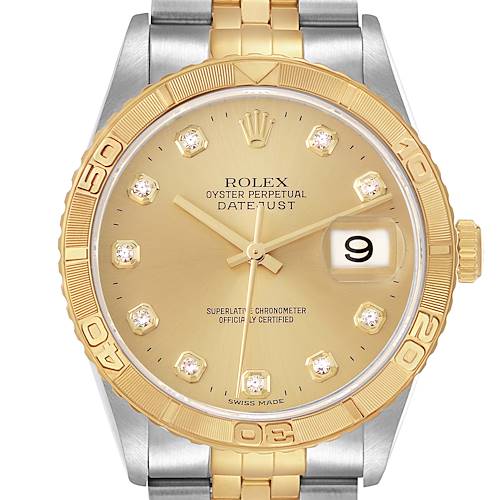 The Rolex Turn-o-Graph 16263 Men's Steel and Gold (two tone) Champagne Dial 16263 Men's Steel and Gold (two tone) Champagne Dial watch is shown from the front, highlighting its gold bezel, dial, and two-tone bracelet.