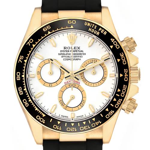 The image shows a frontal view of a Rolex Daytona 126518 Men's Yellow Gold White Dial watch, highlighting the bezel, sub-dials, and pushers.