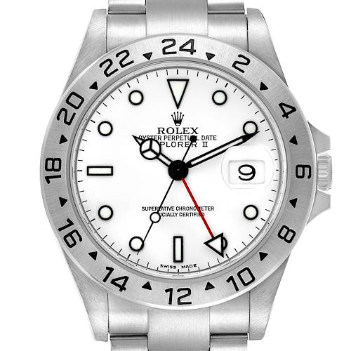 The Rolex Explorer 16570 Men's Stainless Steel White Dial 16570 Men's Stainless Steel White Dial watch is shown from the front, highlighting the dial, hands, bezel, and part of the bracelet.