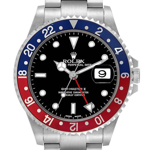 The Rolex GMT-Master 16710 Men's Stainless Steel Black Dial 16710 Men's Stainless Steel Black Dial watch is shown from a front angle, highlighting the bezel, dial, and bracelet.