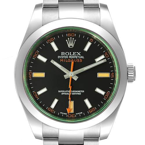 The image shows a front view of the Rolex Milgauss 116400V Men's Stainless Steel Black Dial 116400V Men's Stainless Steel Black Dial watch, highlighting its face, bezel, crown, and part of the bracelet.