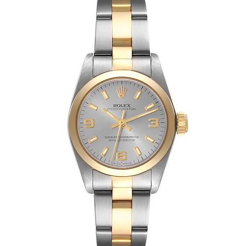 This Rolex Oyster Perpetual 67183 Women's Steel and Gold (two tone) Grey Dial 67183 Women's Steel and Gold (two tone) Grey Dial watch is shown from a top-down angle, displaying the full face and band.