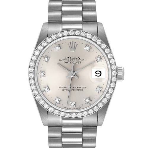 The Rolex President 68289 Women's White Gold Silver Dial 68289 Women's White Gold Silver Dial model watch is shown from a front view, displaying the dial, bezel, and bracelet clearly.